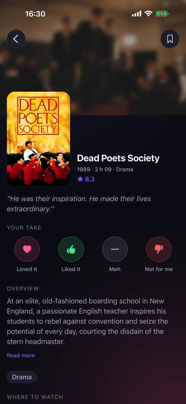 The page for “Dead Poets Society”: poster, 8.3 rating, Loved it, Liked it, Meh, Not for me, and overview