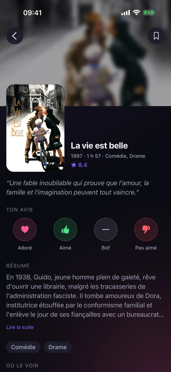 La fiche de « La vie est belle » : affiche, note 8,4, boutons Adoré, Aimé, Bof, Pas aimé, et résumé