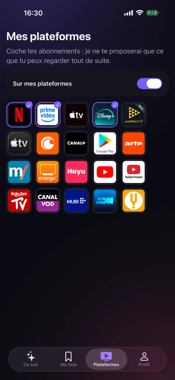 L’onglet Plateformes : Netflix, Prime Video et Disney+ cochés, et l’interrupteur « Sur mes plateformes »