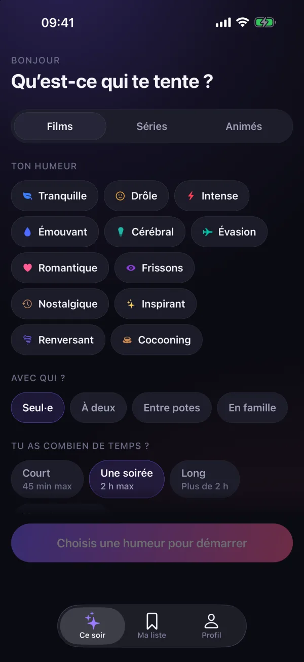L’écran « Ce soir » : films, séries ou animés, douze humeurs, la compagnie et le temps disponible